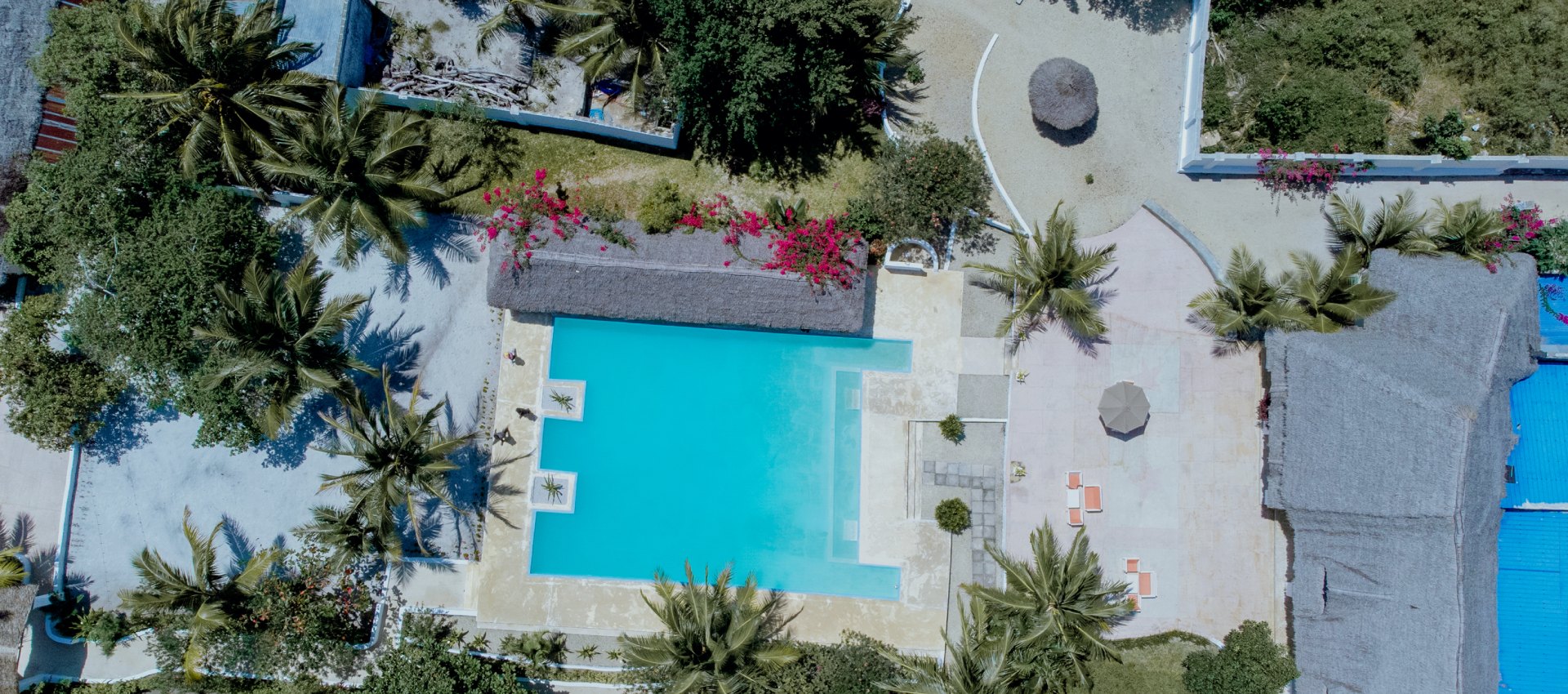 Aerial view of the resort's pools and palm gardens beside the turquoise channel